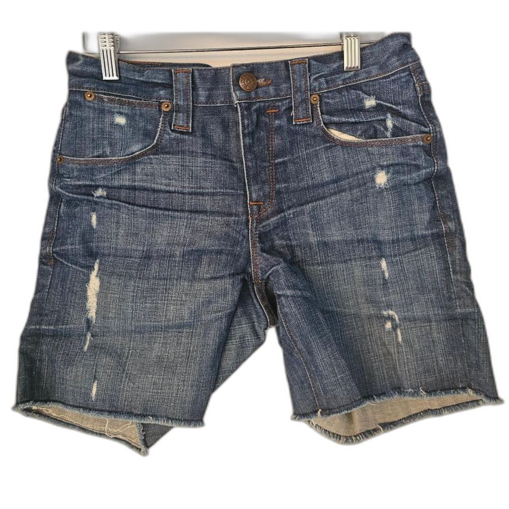 J. Crew Medium Wash Distressed Jean Shorts Size 28 Mid‎ Length Frayed Hem